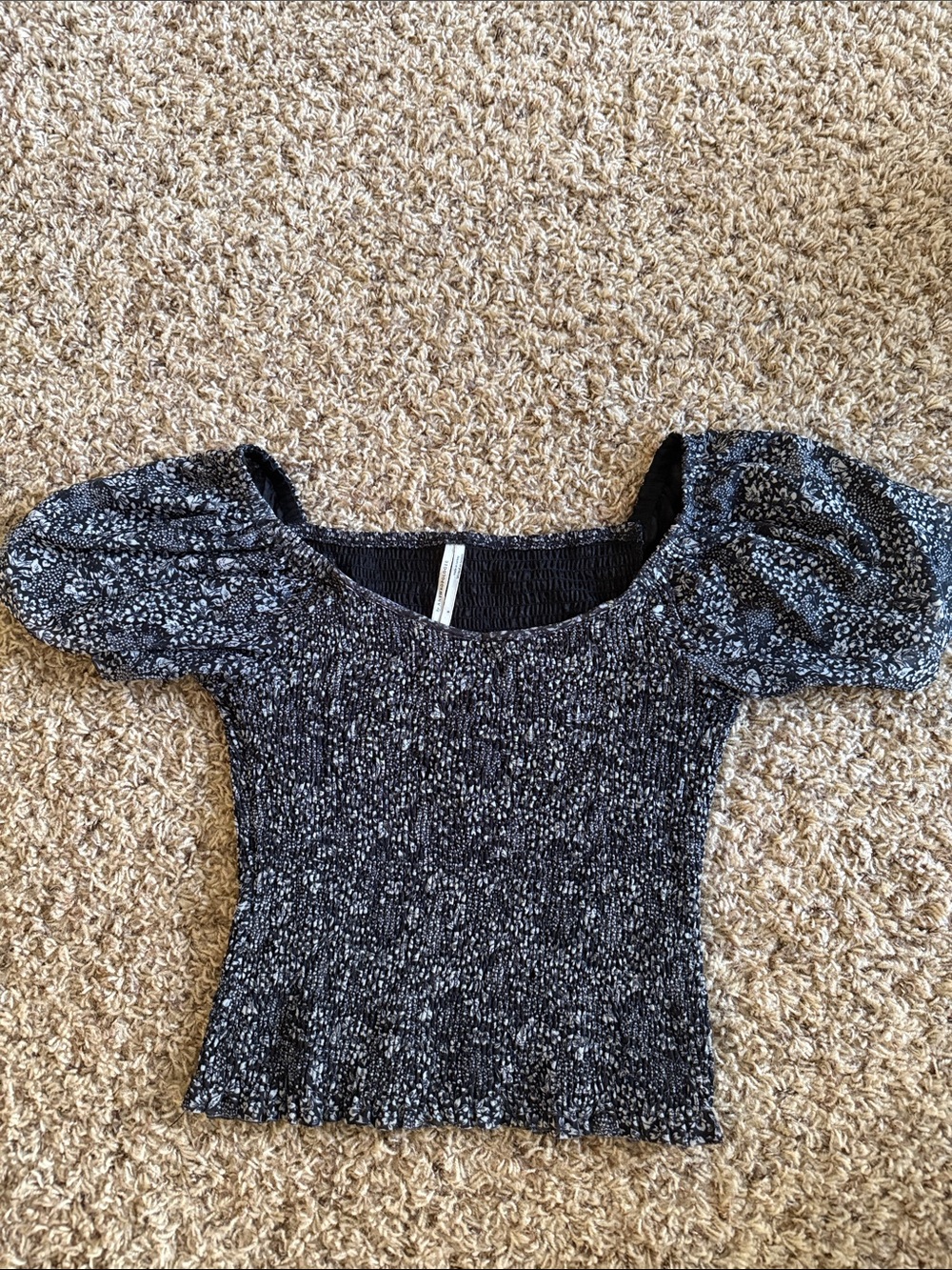 Anthropologie Black and White Floral Smocked Puff Sleeve Top